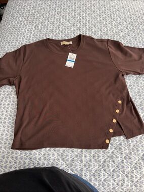 MICHAEL Michael Kors Brown Short-Sleeve Crewneck Top with Gold-Tone Side Buttons